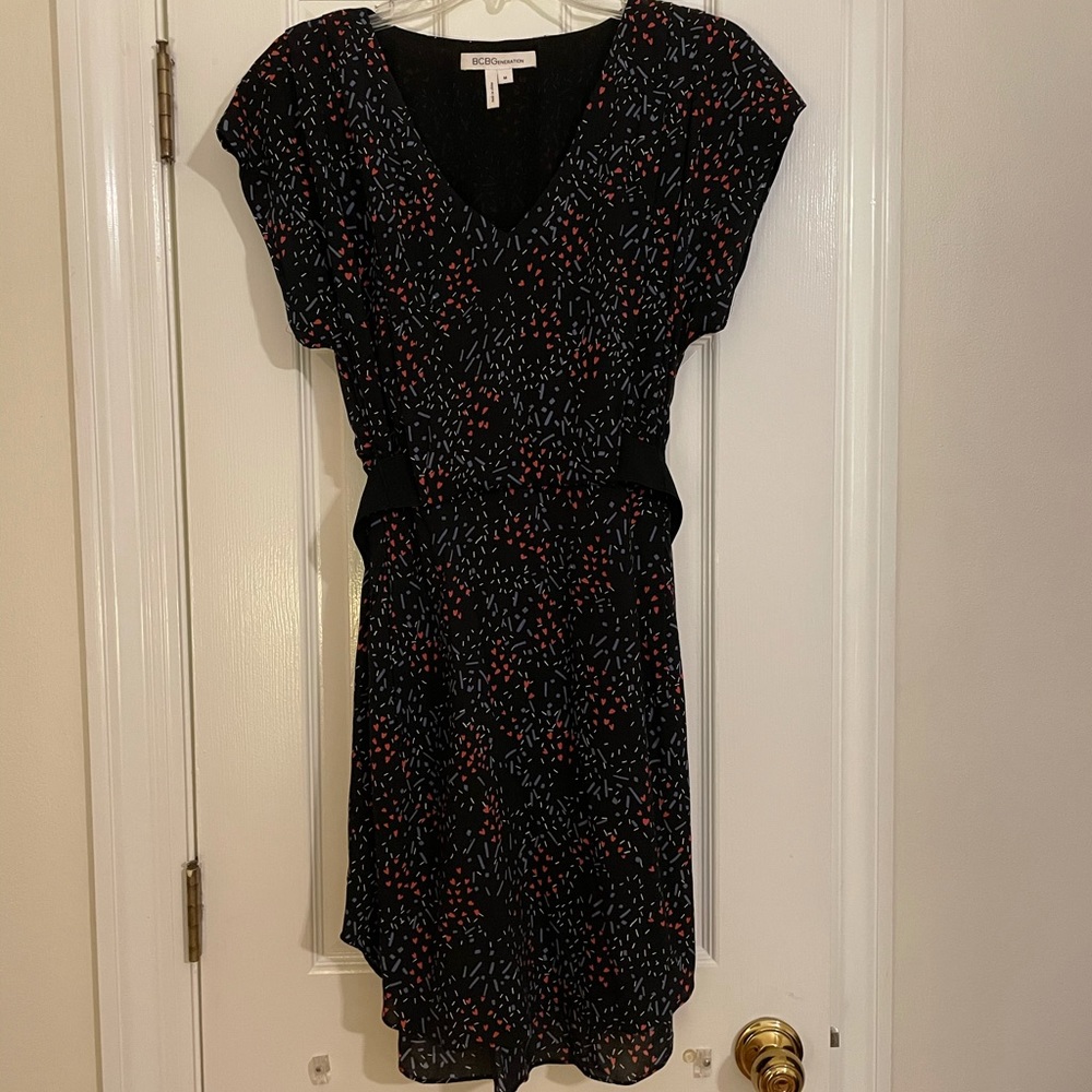 BCBG asymmetrical dress with blue/red detail